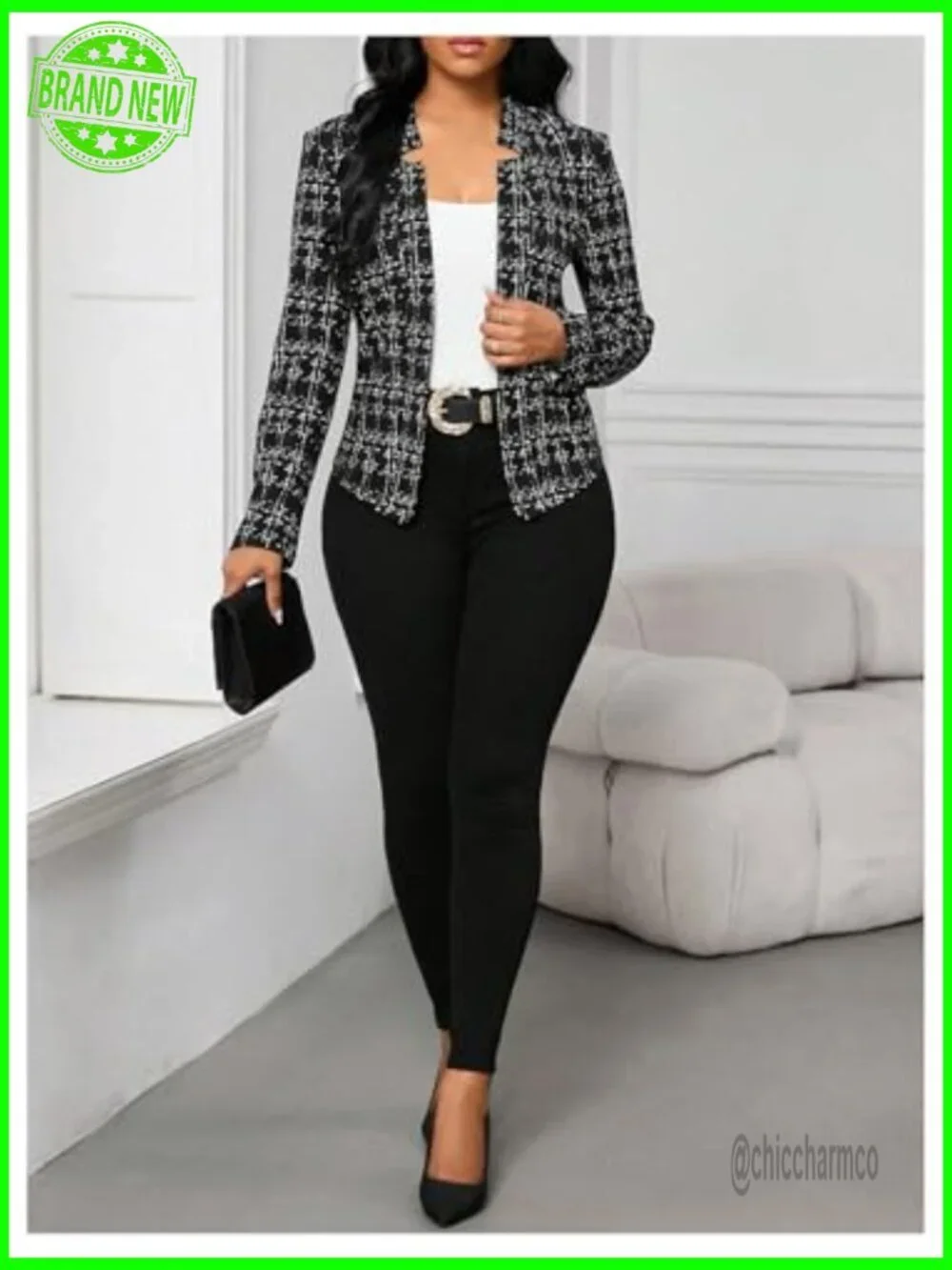 Elegant Tweed Blazer Open Front Long Sleeve Work Suit Jacket